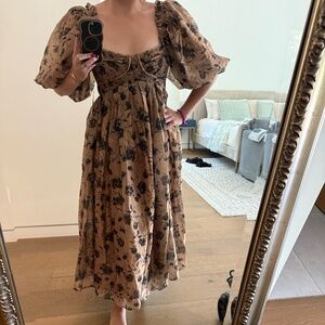Harlow Camel & Black Floral Maxi Dress with Stretchy Neckline - Bump Friendly